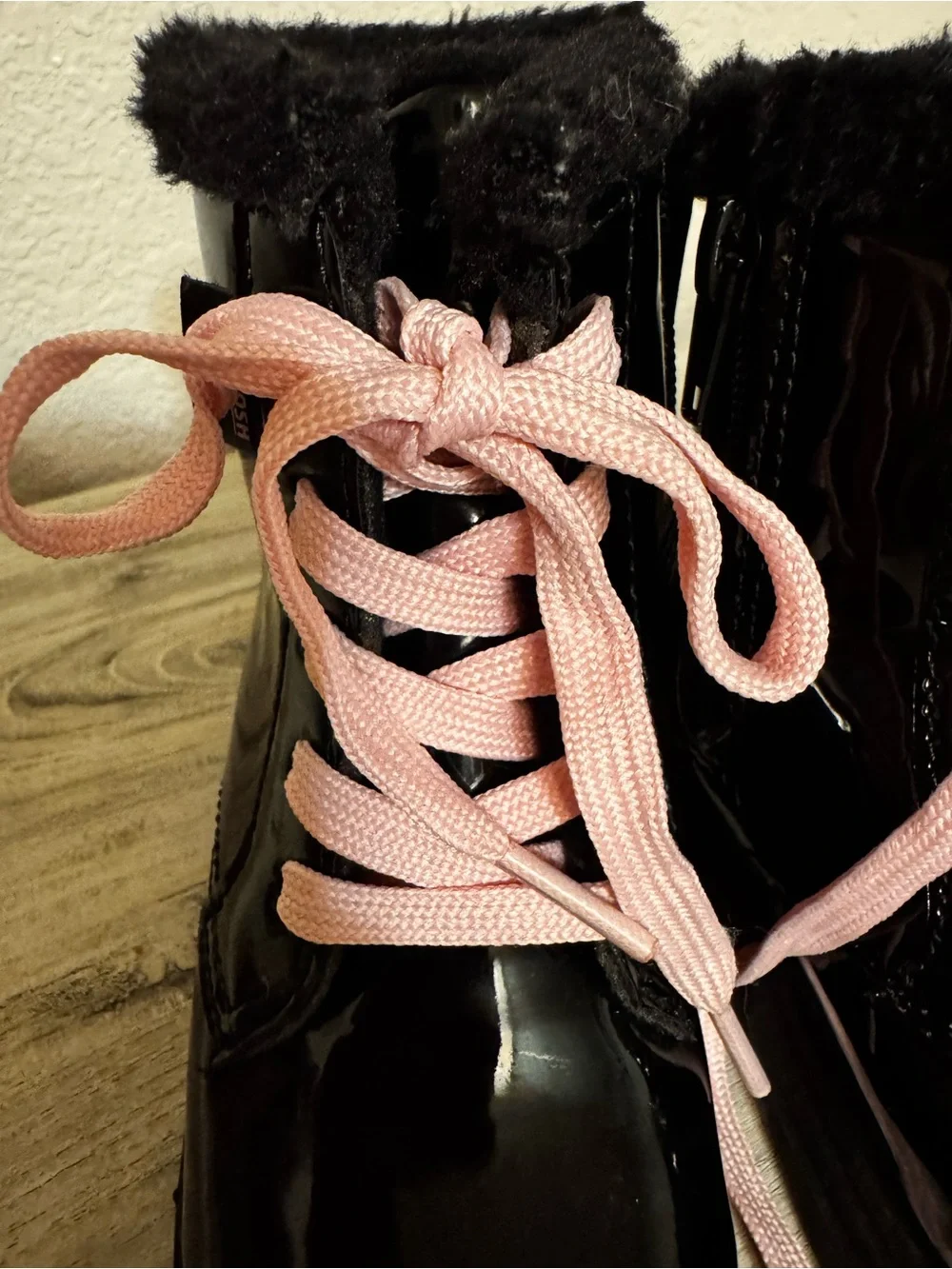 OshKosh B'gosh Black Patent Lace-Up Boots with Pink Laces